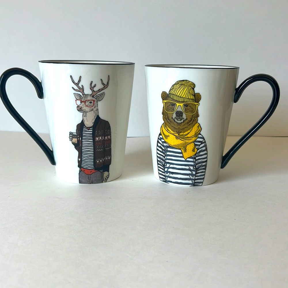 Set 2- Discontinued Signature Housewares Hipster Animal Bear/Deer Coffee Mugs